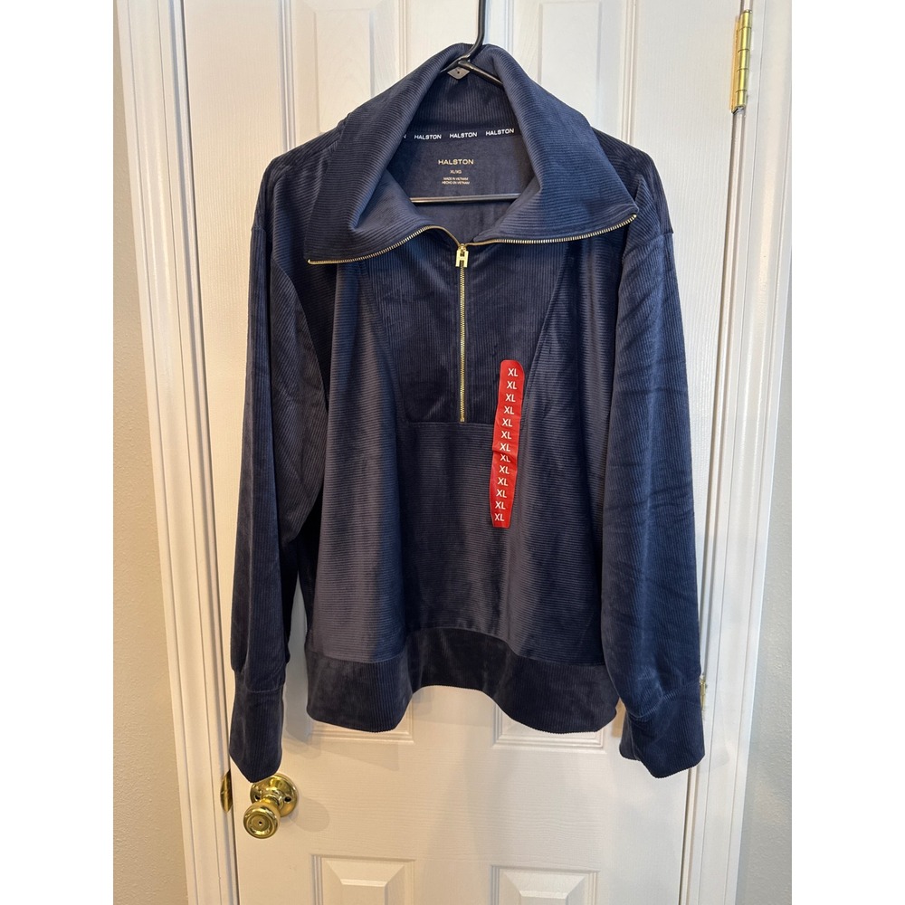 Halston Velour Quarter Zip Pullover Navy Blue Ribbed Sweatshirt XL H5S85ASU
